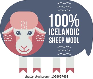 100% icelandic sheep wool. Isolated vector illustration with flat stylized sheep and mountains. Design for posters, banners, flayers, labels, tags, websites, commercial.