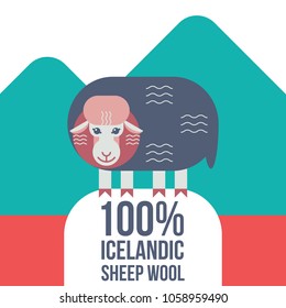 100% icelandic sheep wool. Isolated vector illustration with flat stylized sheep and mountains. Design for posters, banners, flayers, labels, tags, websites, commercial.