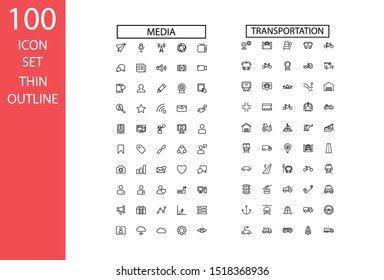 100 icon set thin outline Media ,Transportation simple design ,vector design.