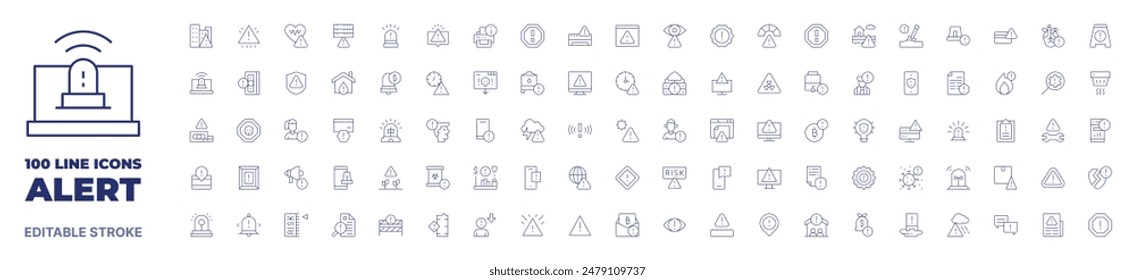 100 iconos colección de alerta. Icono de línea fina. Trazo editable. Iconos de alerta para el Web y el App móvil.