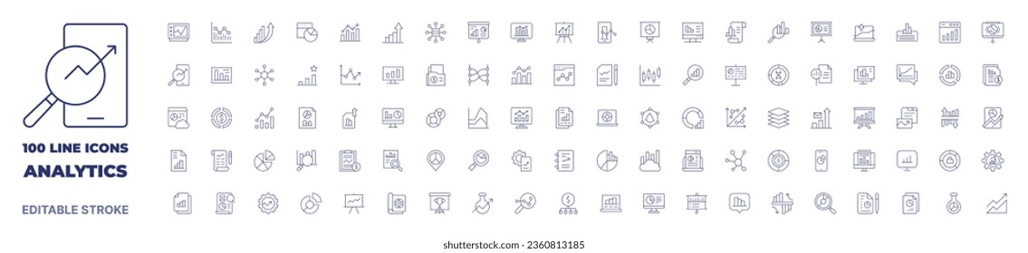 100 icons Analytics collection. Thin line icon. Editable stroke. Analytics icons for web and mobile app.