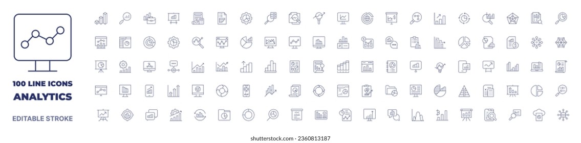 100 icons Analytics collection. Thin line icon. Editable stroke. Analytics icons for web and mobile app.