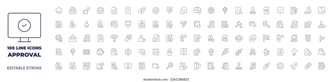 100 icons Approval collection. Thin line icon. Editable stroke. Approval icons for web and mobile app.