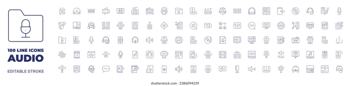 100 icons Audio collection. Thin line icon. Editable stroke. Audio icons for web and mobile app.