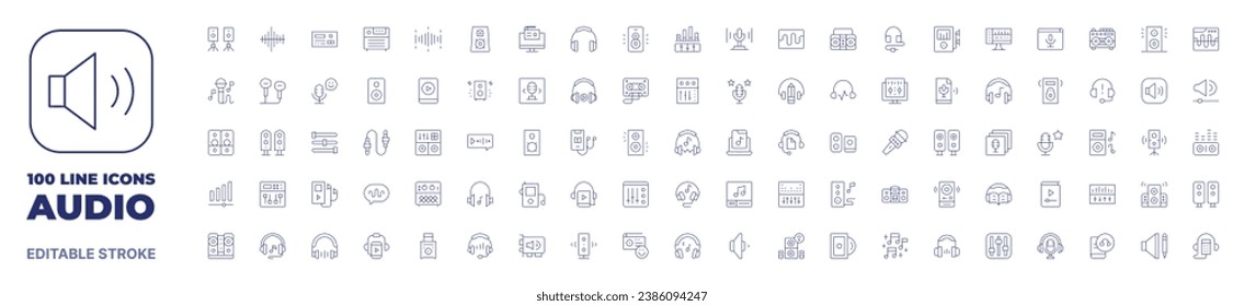 100 iconos Colección de audio. Icono de línea delgada. Trazo editable. Iconos de audio para aplicaciones web y móviles.