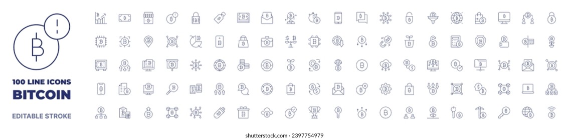 100 iconos Bitcoin colección. Icono de línea delgada. Trazo editable. Iconos de bitcoin para aplicaciones web y móviles.