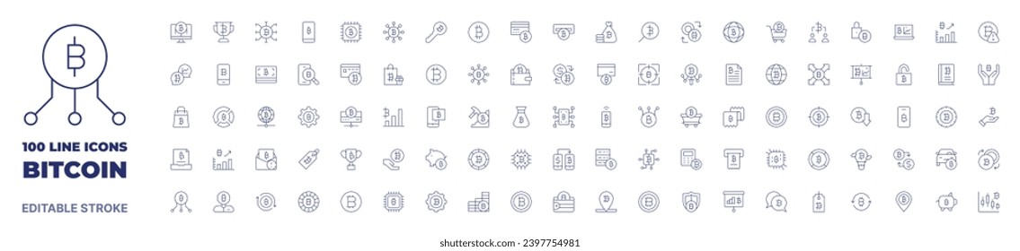 100 icons Bitcoin collection. Thin line icon. Editable stroke. Bitcoin icons for web and mobile app.