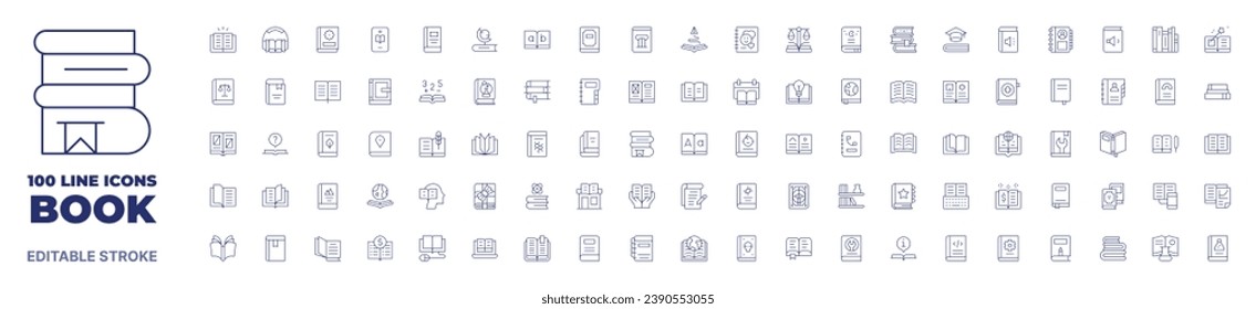 100 iconos Colección de libros. Icono de línea delgada. Trazo editable. Reserva iconos para aplicaciones web y móviles.