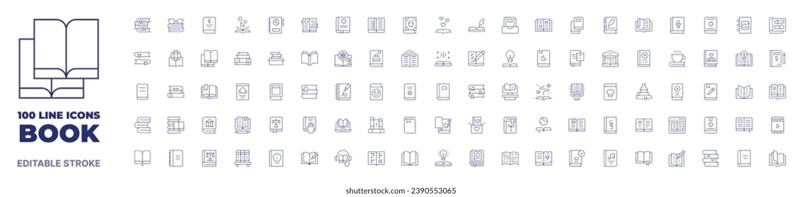 100 icons Book collection. Thin line icon. Editable stroke. Book icons for web and mobile app.