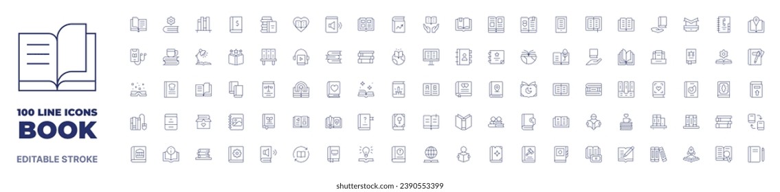 100 icons Book collection. Thin line icon. Editable stroke. Book icons for web and mobile app.