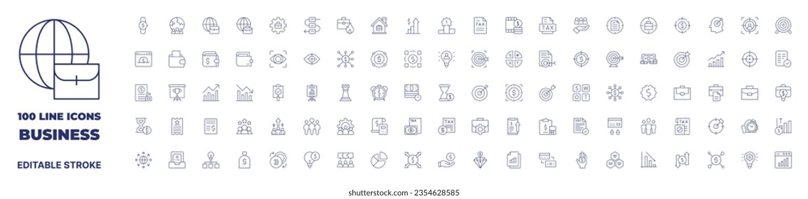 100 icons Business collection. Thin line icon. Editable stroke. Containing wristwatch, worldwide, working, workflow, work, work from home, profits, winner, tax, film, target, website, wallet, vision.