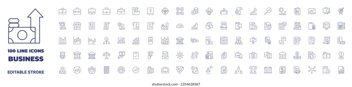 100 icons Business collection. Thin line icon. Editable stroke. Containing profit, professional, product, producer, process, problem solving, prioritize, price list, presentation, pencil, payment.