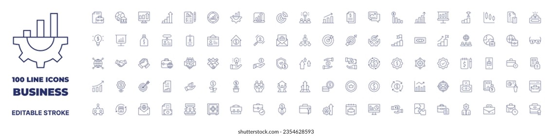 100 icons Business collection. Thin line icon. Editable stroke. Containing money, international business, low price, interest rate, loan, line graph, lightbulb, lectern, file, money flow, leadership.