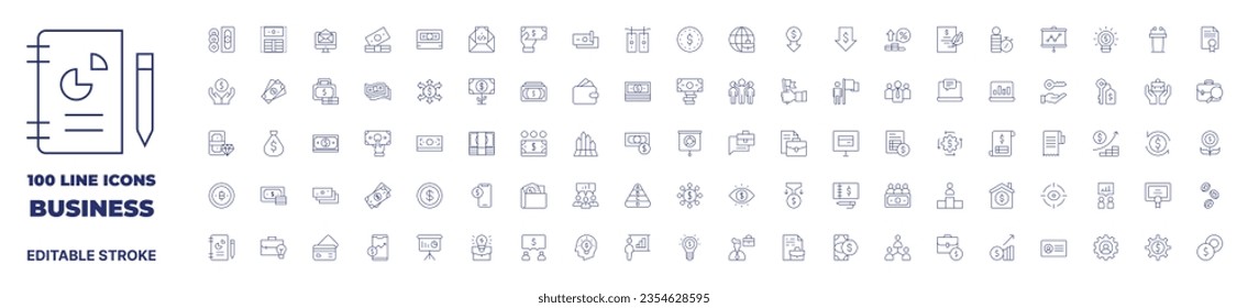 100 icons Business collection. Thin line icon. Editable stroke. Containing briefcase, branding, bookkeeping, blockchain, bitcoin, bitcoin symbol, profits, analytics, analysis, aim, bill, benefits.