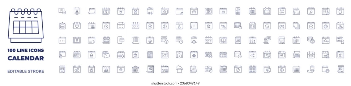 100 iconos colección Calendar. Icono de línea delgada. Trazo editable. Iconos de calendario para aplicaciones web y móviles.