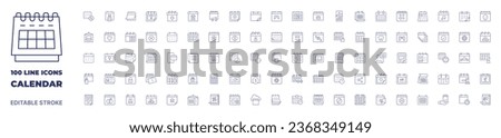 100 icons Calendar collection. Thin line icon. Editable stroke. Calendar icons for web and mobile app.