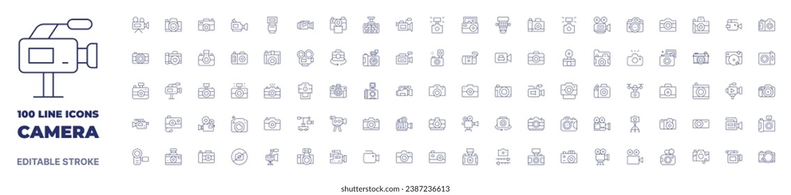 100 icons Camera collection. Thin line icon. Editable stroke. Camera icons for web and mobile app.