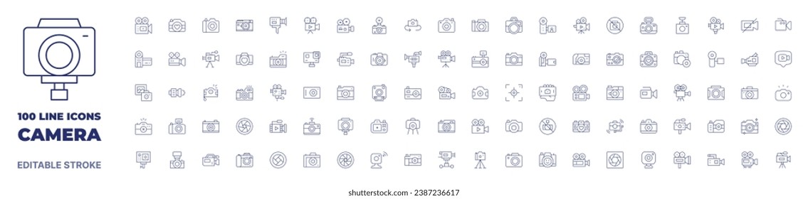 100 icons Camera collection. Thin line icon. Editable stroke. Camera icons for web and mobile app.