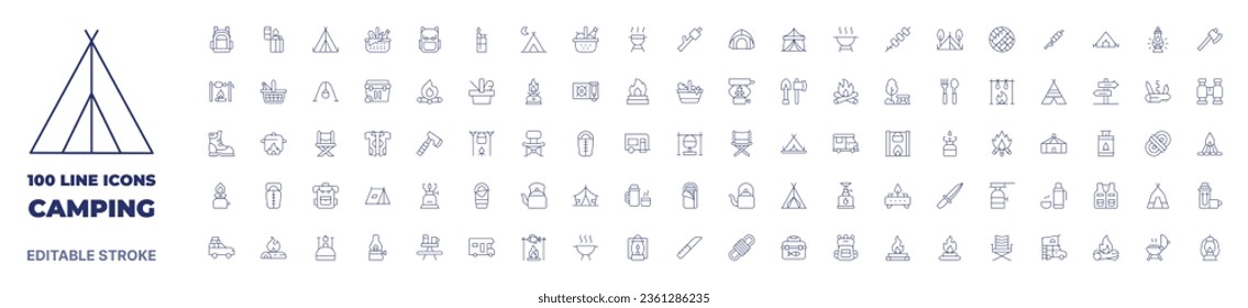100 icons Camping collection. Thin line icon. Editable stroke. Camping icons for web and mobile app.
