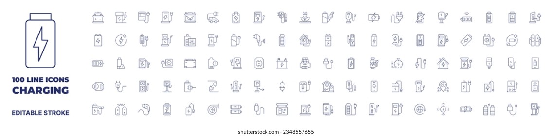100 icons Charging collection. Thin line icon. Editable stroke.