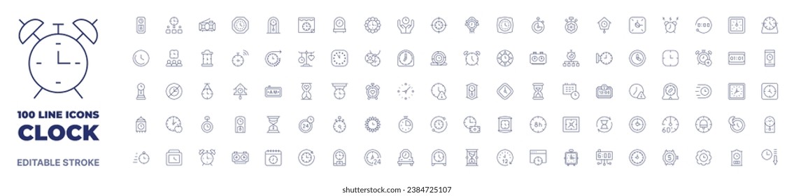 100 icons Clock collection. Thin line icon. Editable stroke. Clock icons for web and mobile app.