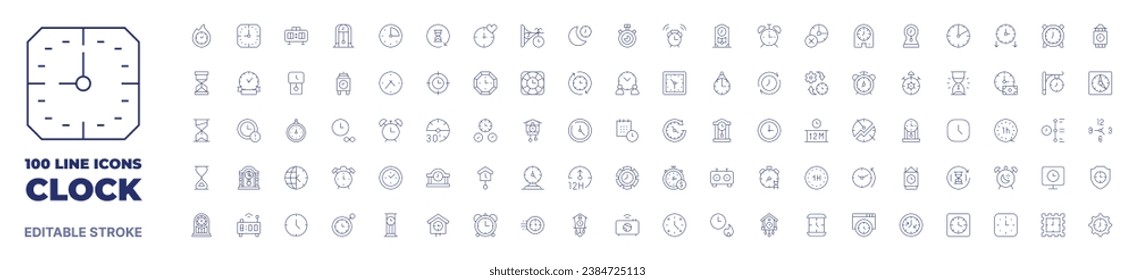 100 icons Clock collection. Thin line icon. Editable stroke. Clock icons for web and mobile app.