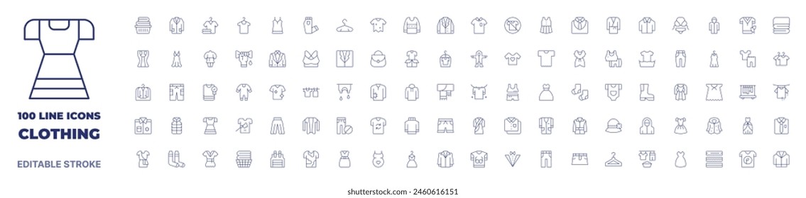 100 Icons Kleidung Kollektion. Dünne Linie Symbol. Bearbeitbarer Strich. Kleidungssymbole für Web und mobiles App.