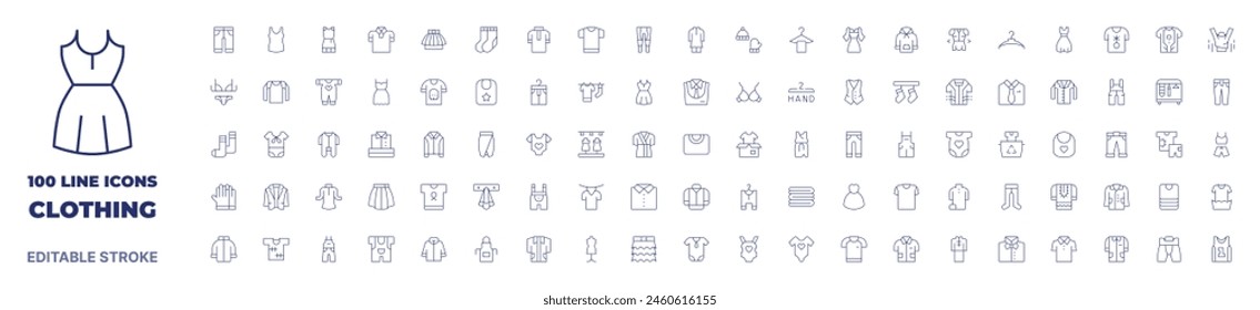 100 icons Clothing collection. Thin line icon. Editable stroke. Clothing icons for web and mobile app.