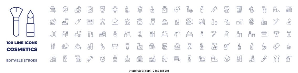 100 iconos colección de cosméticos. Icono de línea fina. Trazo editable. Iconos de cosméticos para Web y App móvil.