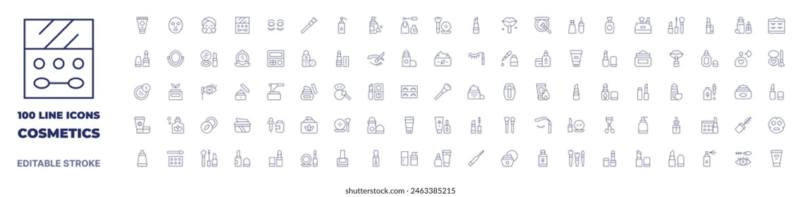 100 iconos colección de cosméticos. Icono de línea fina. Trazo editable. Iconos de cosméticos para Web y App móvil.