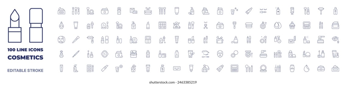 100 icons Cosmetics collection. Thin line icon. Editable stroke. Cosmetics icons for web and mobile app.