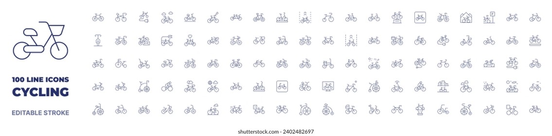 100 icons Cycling collection. Thin line icon. Editable stroke. Cycling icons for web and mobile app.