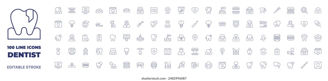 100 icons Dentist collection. Thin line icon. Editable stroke. Dentist icons for web and mobile app.