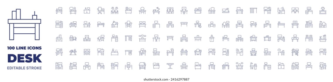 100 icons Desk collection. Thin line icon. Editable stroke. Desk icons for web and mobile app.