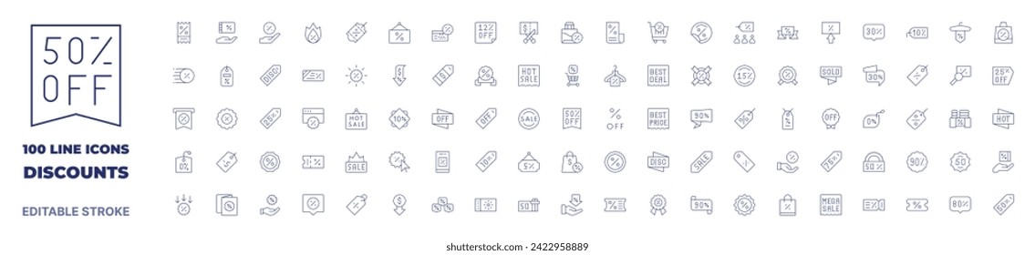100 Symbole Rabattsammlung. Dünne Linie Symbol. Bearbeitbarer Strich. Rabatte für Symbole für Web- und mobile Anwendungen.