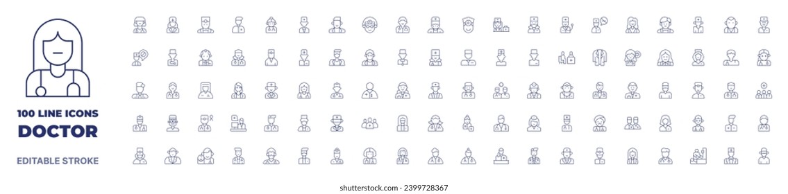 100 icons Doctor collection. Thin line icon. Editable stroke. Doctor icons for web and mobile app.