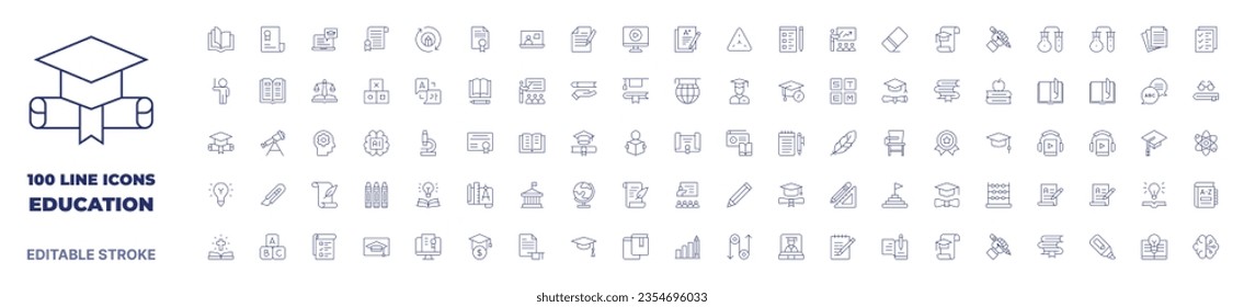 100 icons Education collection. Thin line icon. Editable stroke.