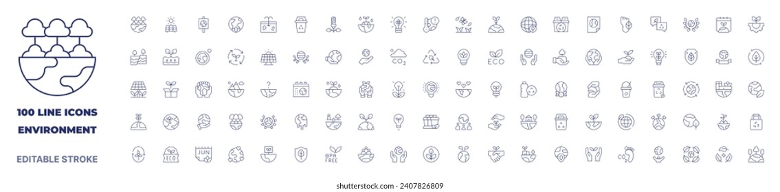 100 iconos Colección de entorno. Icono de línea delgada. Trazo editable. Iconos de entorno para aplicaciones web y móviles.