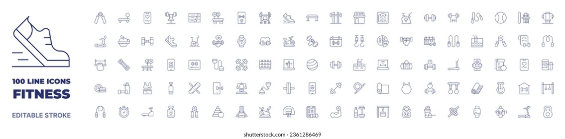 100 icons Fitness collection. Thin line icon. Editable stroke. Fitness icons for web and mobile app.