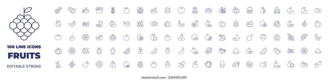 100 icons Fruits collection. Thin line icon. Editable stroke. Fruits icons for web and mobile app.