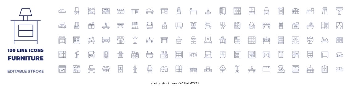 100 iconos Colección Muebles. Icono de línea delgada. Trazo editable. Iconos de mobiliario para aplicaciones web y móviles.