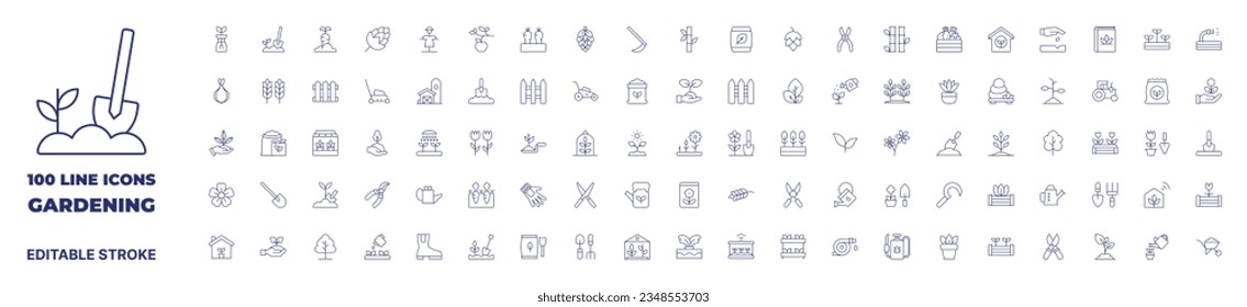 100 icons Gardening collection. Thin line icon. Editable stroke.