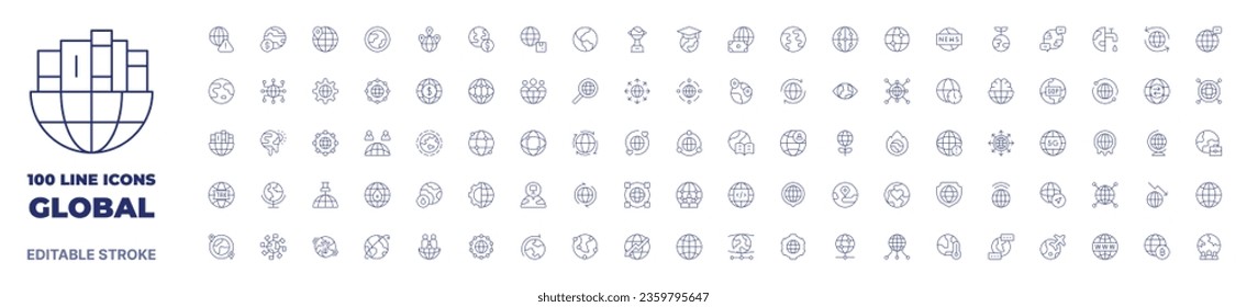 100 icons Global collection. Thin line icon. Editable stroke. Global icons for web and mobile app.