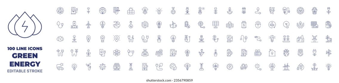 100 icons Green energy collection. Thin line icon. Editable stroke. Green energy icons for web and mobile app.