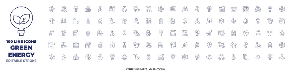 100 iconos Colección de energía verde. Icono de línea delgada. Trazo editable. Iconos de energía verde para web y aplicación móvil.