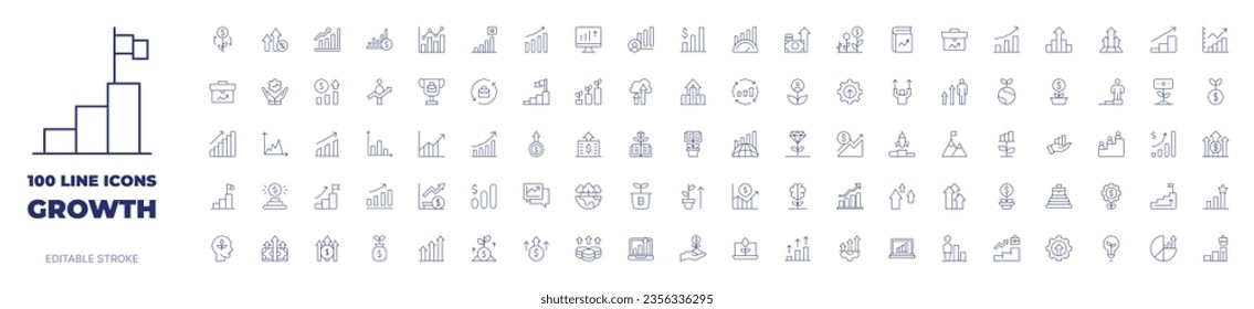 100 icons Growth collection. Thin line icon. Editable stroke.