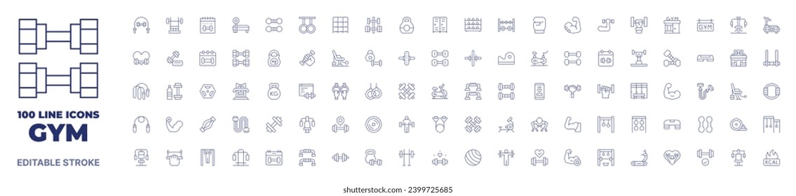 100 icons Gym collection. Thin line icon. Editable stroke. Gym icons for web and mobile app.