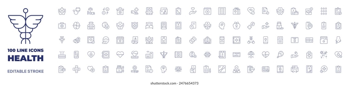 100 icons Health collection. Thin line icon. Editable stroke. Health icons for web and mobile app.