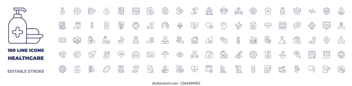 100 icons Healthcare collection. Thin line icon. Editable stroke. Healthcare icons for web and mobile app.