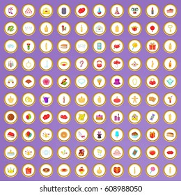 100 icons holidays set in cartoon style on purple background vector illustration